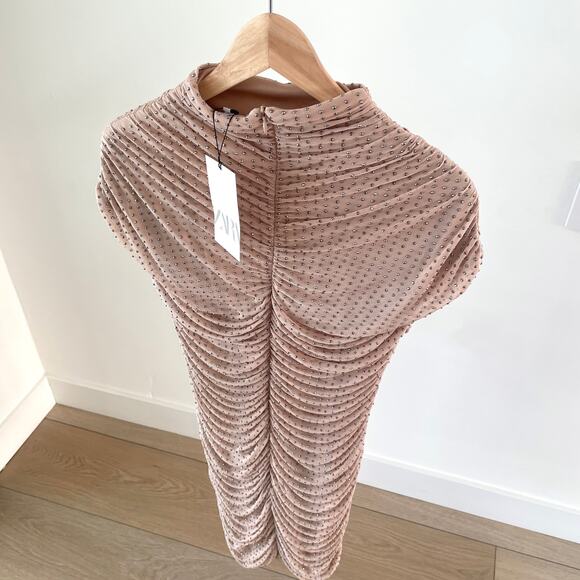 ZARA RHINESTONE RUCHED NUDE BEIGE MINI DRESS 7901/217 - Picture 13 of 14